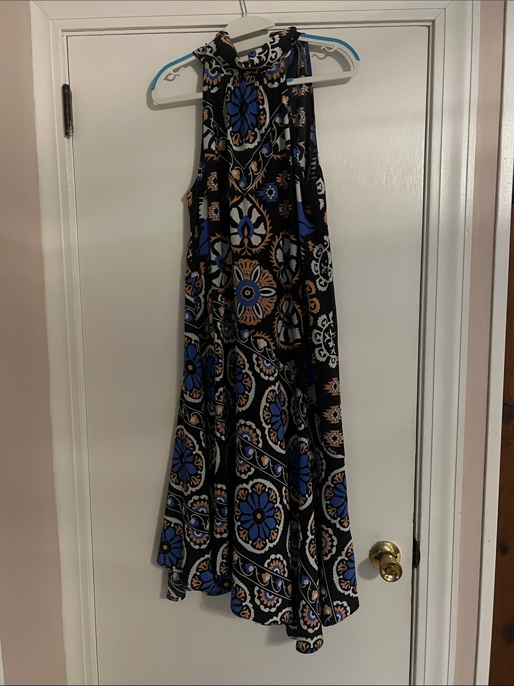 Anthropologie Black Blue and Tan Floral-Print Midi Dress